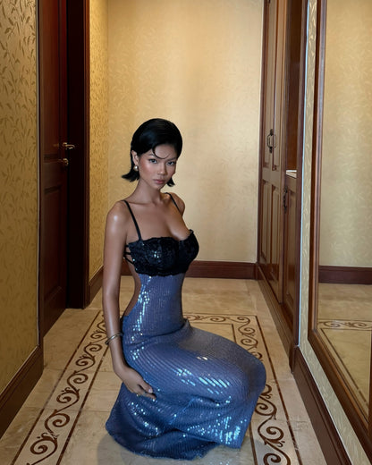 Lucen Dress - Blue Sequin Open-Back - Styled Look