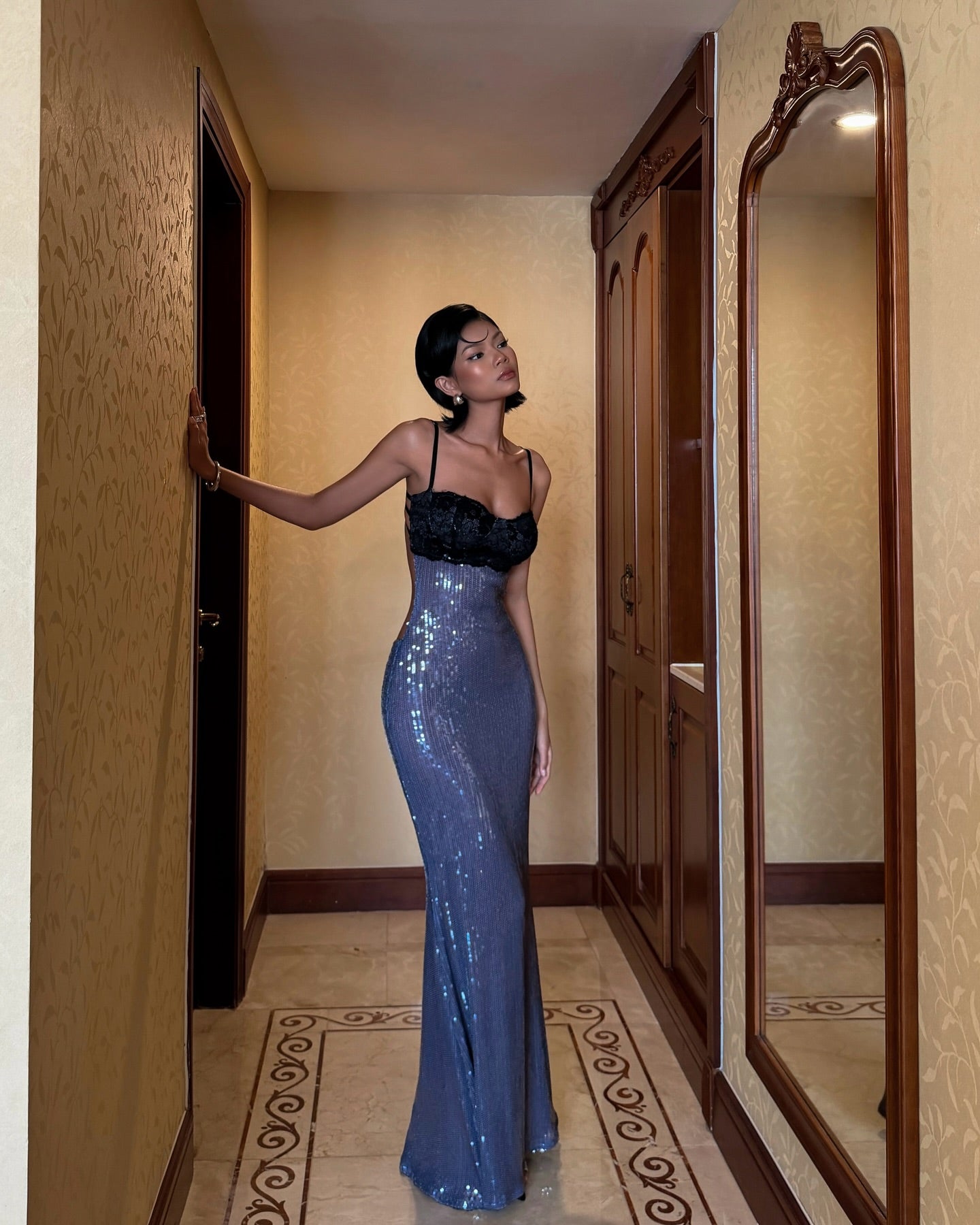 Lucen Dress - Blue Sequin Open-Back - Styled Look